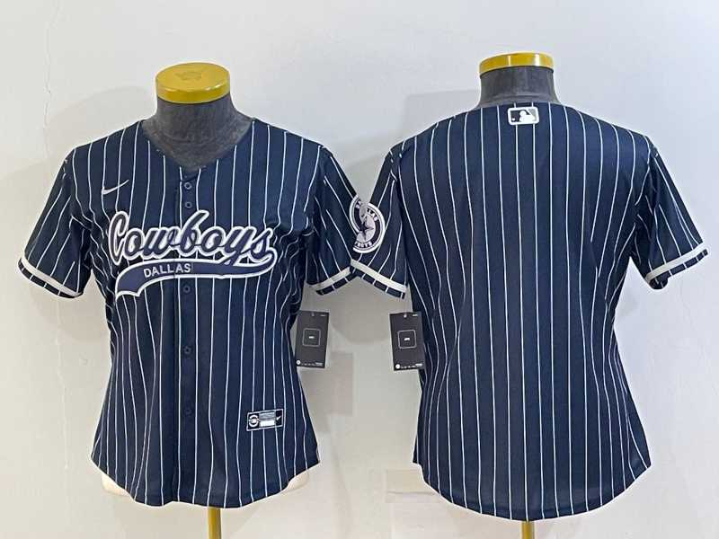Women%27s Dallas Cowboys Blank Navy Blue Pinstripe With Patch Cool Base Stitched Baseball Jersey
